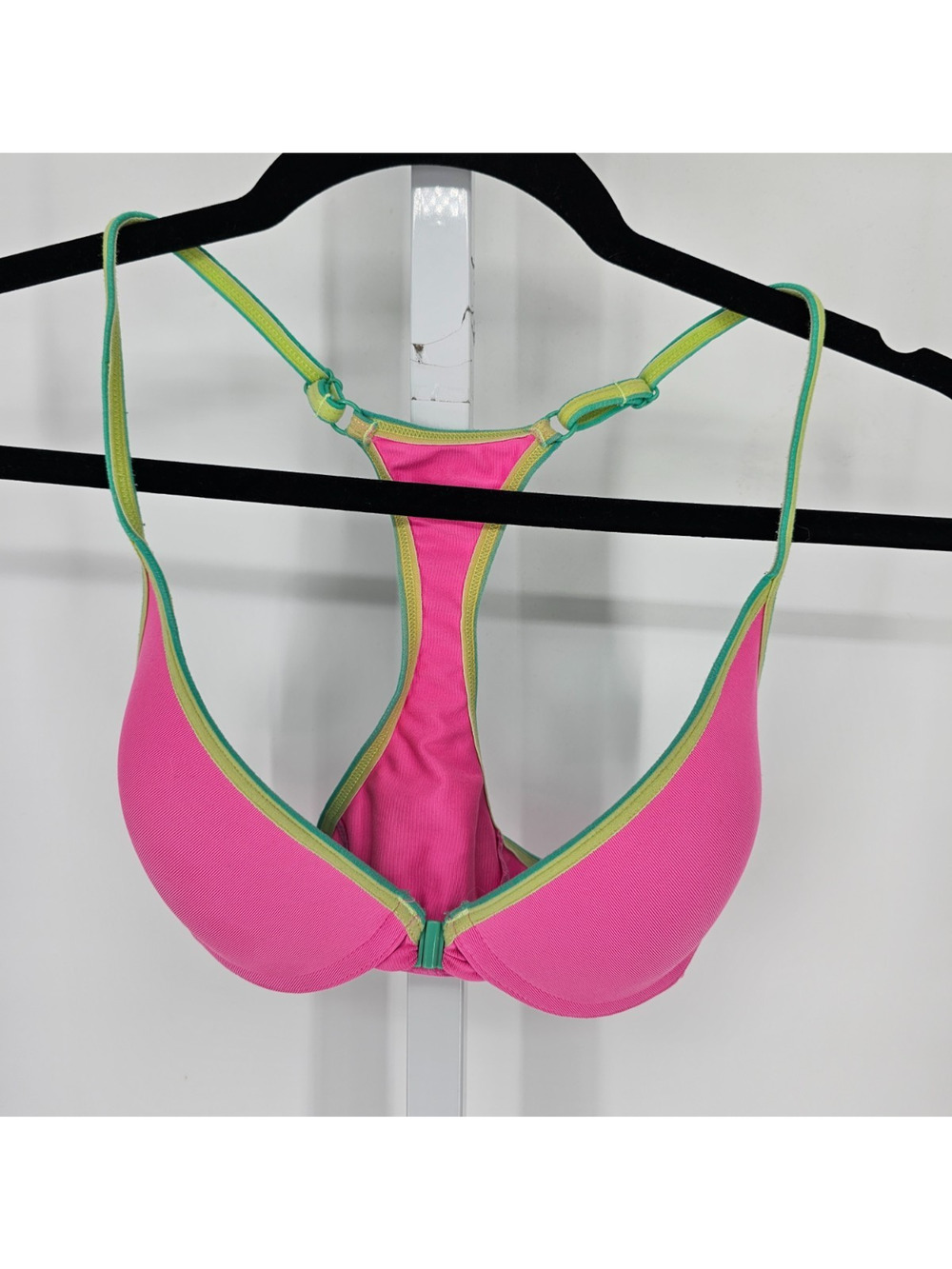 Fruit of the Loom Sz 34B Front Clasp T Shirt Bra Neon Pink Green Y2K Vintage